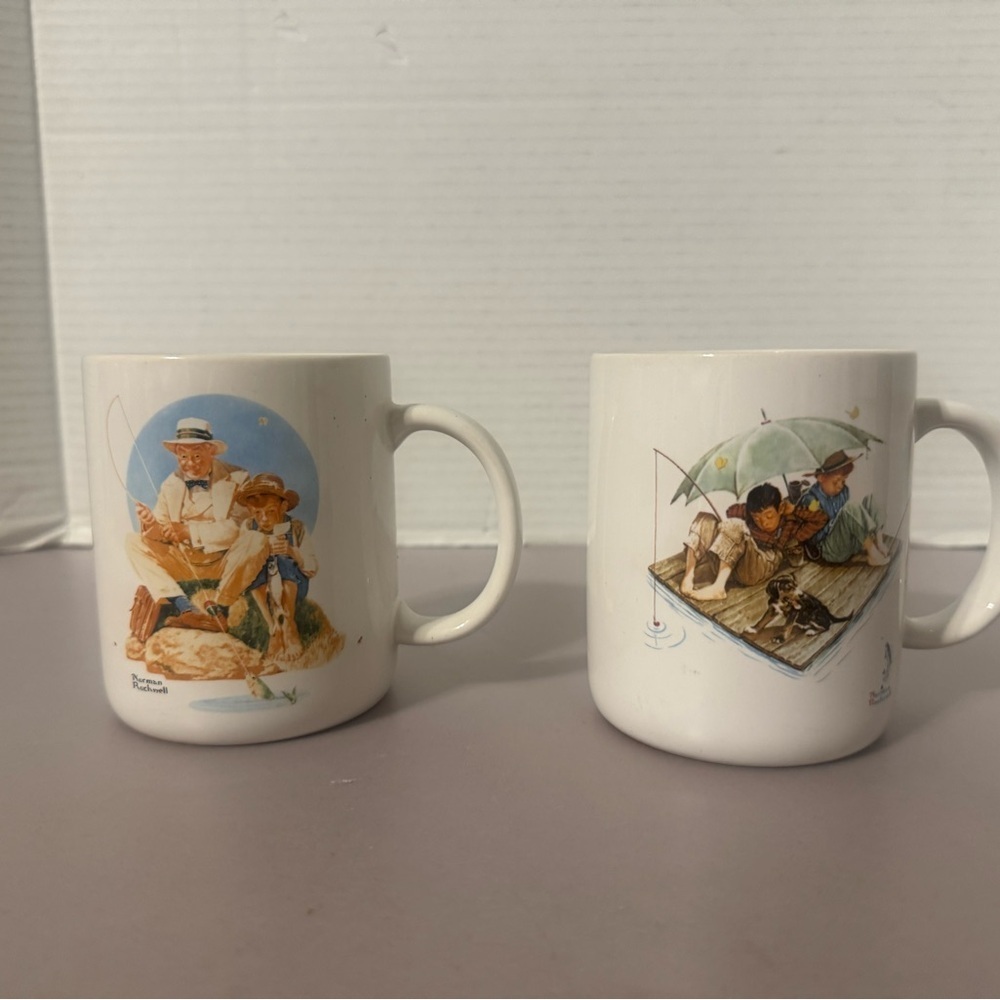 Norman Rockwell White Mugs with Fishing Illustrations